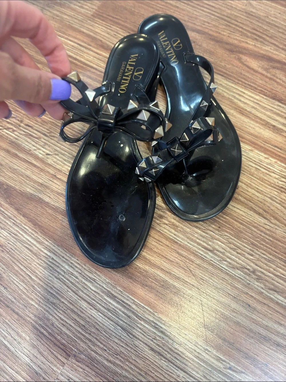 Valentino Garavani Black Rockstud Jelly Thong Sandals